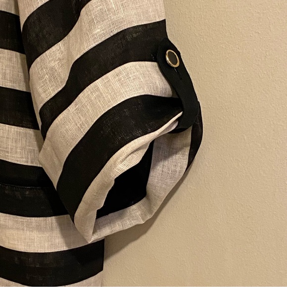 Zara Women’s 100% Linen Size M Tan/Black Round Neck 3/4 Roll Tab Sleeves - Picture 7 of 11